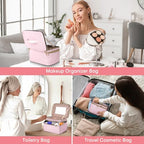 HXLGMD Large Makeup Bag with Mirror Double Layer Travel Make Up Organizer Case, Large Capacity Coemetic with Brush Slot Divider, Travel Toiletry Bag for Women (Pink) - color: Pink