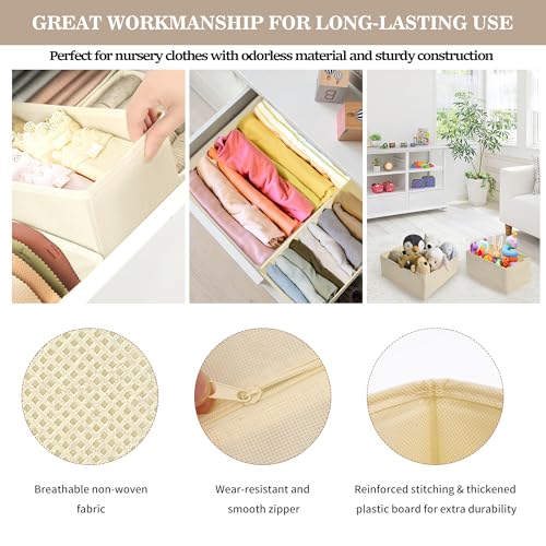 Dresser Drawer Organizers, Drawer Organizer Clothes Set for Nursery, Closet, Bedroom-12 Pack Foldable Fabric Drawers Organizer Storage Dividers for Sock, Bra, Lingerie, Undies, Baby Clothes, Beige