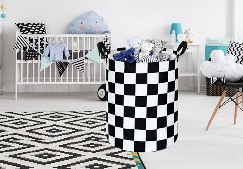 19.7 Inch Round Laundry Hamper Black Check Laundry Basket Fabric Storage Hamper Organization Basket, Storage Bin, Toy Box,Gift Basket with Handles for Room - color: Black Check