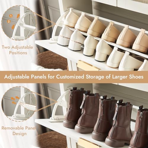 HOKYHOKY Rattan Shoe Storage Cabinet with 2 Drawers & 2 Flip Drawers – Hidden Slim Shoe Organizer for Entryway, Large Tabletop Space, Farmhouse Boho Narrow Shoe Rack, Rustic White - color: Rustic White, size: 2 Flips