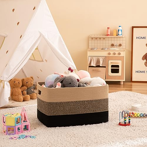 OIAHOMY 108L Super Large Blanket Basket, 25”x16”x16” Rectangle Woven Baskets for Storage, Cotton Rope Basket For Living Room, Toy Storage with Handle - Yellow Black - color: Yellow Black