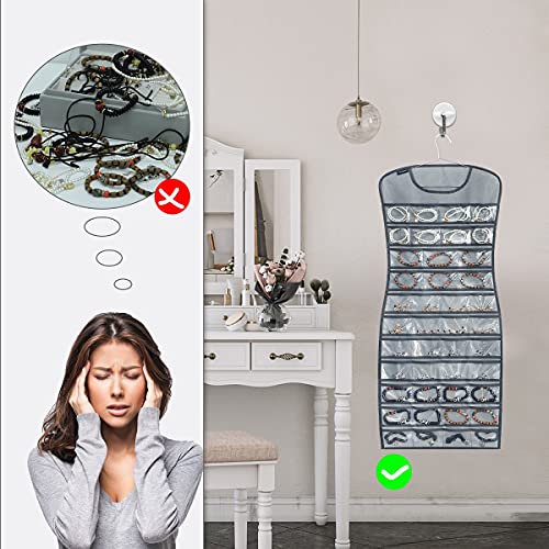 Hanging Jewelry Organizer Dual Sided 84 Clear Pockets and 6 Hook Loops Storage for Holding Jewelries Hair Accessories Dress Shaped Earring Holder (84 Pockets and 6 Hook Loops -Grey) - color: 84 Pockets and 6 Hook Loops -Grey