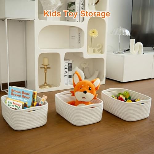 Small Storage Baskets for Organizing, Woven Storage Bins for Shelves, Gift Basket Empty, Cute Decorative Closet Organizer, Baby Rope Basket, Dog Toy Storage, 13.2x8.2x5.2”, 3Packs White - color: White, size: M
