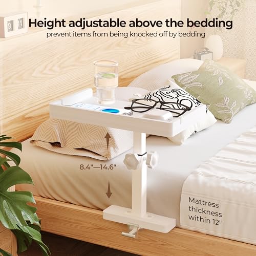 Wealone Adjustable Bedside Shelf for Bed, White College Dorm Room Essentials, Bamboo Bed Side Tray Table with Sturdy Metal Pole, Clip On Nightstand Organizer for College, Apartment, Bunk Beds - color: White