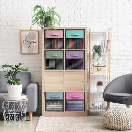 Sorbus 11 Inch Storage Bins with Clear Window - 6 Foldable Baskets for Organizing Clothes, Toys, Books - Sturdy Collapsible Fabric Storage Cubes with Handle - Storage Baskets for Shelves, Closets - color: Pastel Multi-Color 2 with Window, size: 11 Inch