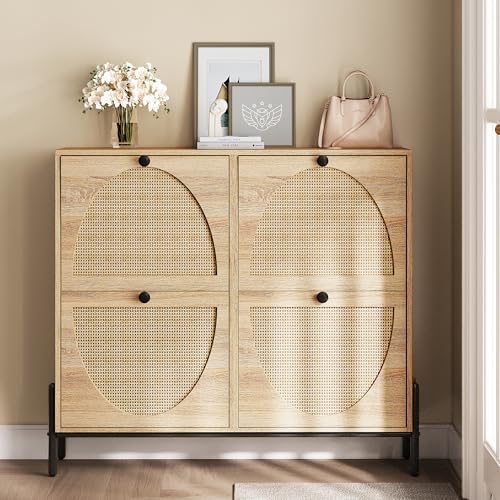 IRONCK Rattan Shoe Cabinet Storage with 4 Flip Drawers, Freestanding Shoe Storage Organizer Cabinet for Entryway, Narrow Shoe Rack Cabinet, Oak - color: Oak
