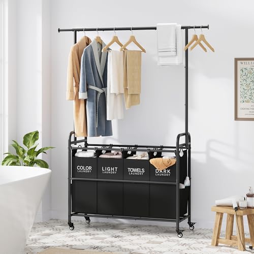 Tajsoon Laundry Sorter Cart with Hanging Clothes Rack, 4 Butler Sorter Basket Organizer, Laundry Hamper Cart with Heavy Duty Rolling Lockable Wheels, Black - color: Black, size: 4 bag