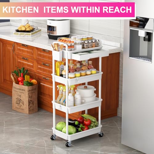Goovilla 4 Tier Rolling Utility Cart Organizer with Removable Drawer, Stable and Sturdy White Rolling Storage Carts with 2 Lockable Wheels for Bathroom, Kitchen, Snack, Craft, Makeup, Baby Essentials - size: 4 Tier, style: White