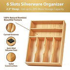 Umilife Kitchen Drawer Organizer, 12 Inch Silverware Utensil Tray Holder, Extra Deep, with Non-Slip Feet & Grooved Drawer Divider, 6 Slots Total Bamboo Wood Caddy for Flatware Cutlery Knives - size: 12 x 17 inch (6 Slots)