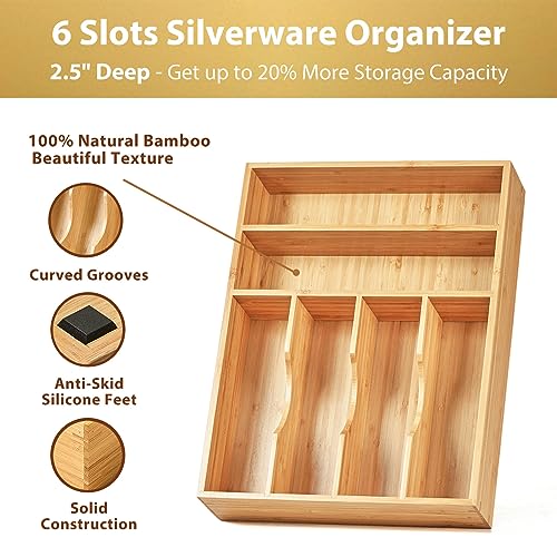 Umilife Kitchen Drawer Organizer, 12 Inch Silverware Utensil Tray Holder, Extra Deep, with Non-Slip Feet & Grooved Drawer Divider, 6 Slots Total Bamboo Wood Caddy for Flatware Cutlery Knives - size: 12 x 17 inch (6 Slots)