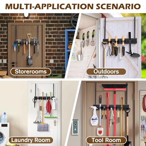 Mop and Broom Holder Over the Door, Wood Broom Hanger, Broom and Mop Organizer with 4 Slots and 7 Hooks, Drilling-Free Mop and Broom Holder for Garage, Laundry Room, Broom Hanger and Storage Tool