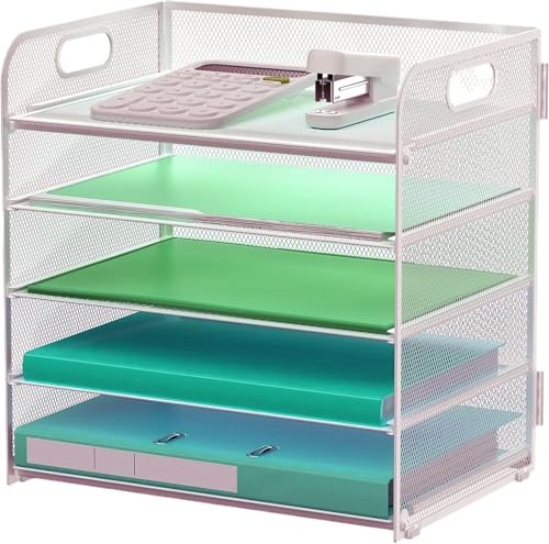 Letter Tray Paper Organizer 5-Tier Desk Organizer File Organizer Paper Holder with Handle, Metal Desktop Document Shelf Tray Office Classroom Organization - Silver - color: Silver