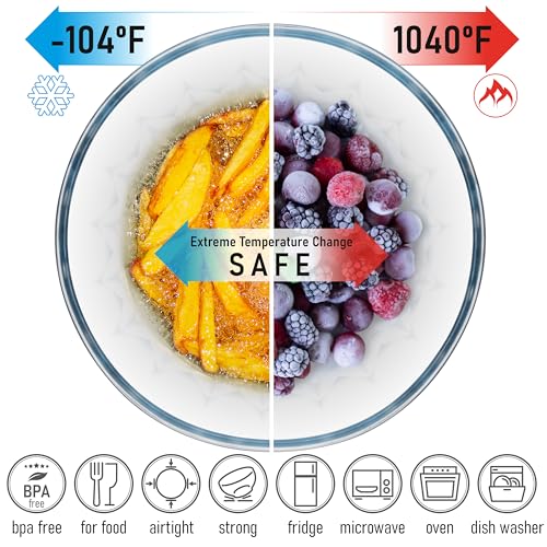 Large Stackable Set of 5 Nesting Glass Bowls with Bamboo Lids for Foodprep, Storage, Baking, Sourdough Mixing & Cooking. Microwave & Oven Safe Heat Resistant Inert Borosilicate Glass - color: 5 Mixing Bowls with Bamboo Lids (Diamond)