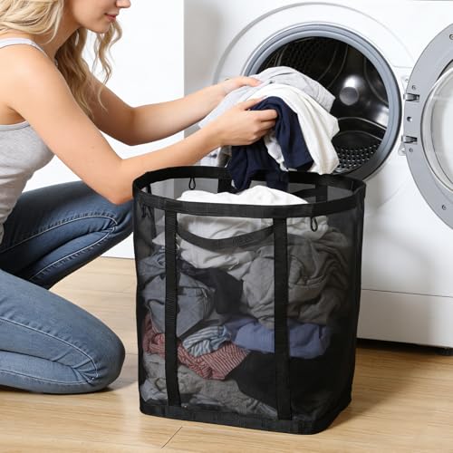 2 Pcs Mesh Bags with Handles, Collapsible Laundry Basket, Foldable Laundry Bag, Breathable Folding Beach Bag,Space-saving Travel Tote Bags (2, Black)