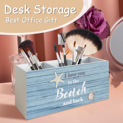 Beach Pen Holder for Home Office Kitchen Desk Decor, I Love You to the Beach and Back Wooden Pencil Holder Sign Organizer for Home Office Desk Accessories, Coastal Gifts for Women Men - color: blue and white