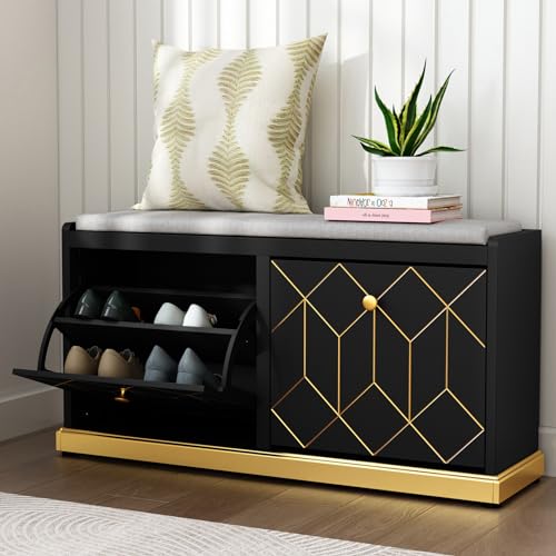 HLR Modern Shoe Bench with Storage, Entryway Bench with 2 Flip Drawer & Padded Cushion Seat, Shoes Storage Bench for Hallway, Closet, Living Room, Black Shoe Storage Cabinet with Bench - color: Black