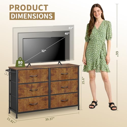 Dresser for Bedroom with 6 Drawers, Small Fabric Dresser for Kids Bedroom, Chest of Drawers, Storage Organizer Dresser for Closet, Nursery, Dorm, Apartment, TV Stand, Wood Top Side Hooks, Rustic Brown - color: Rustic Brown, size: 11.8"D x 39.4"W x 25.6"H