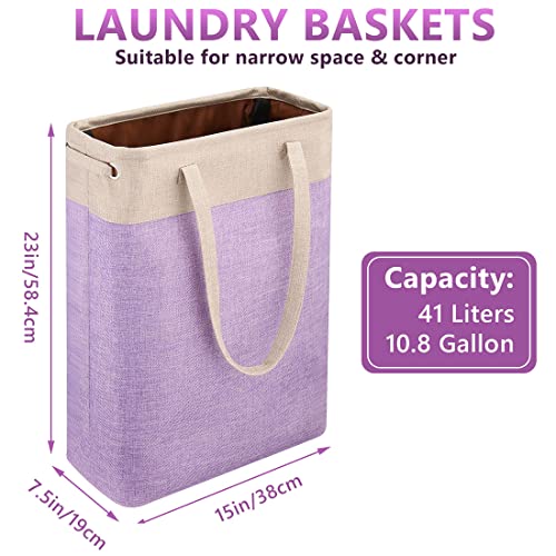 i BKGOO Laundry Basket with Handles Beige&Purple Slim Laundry Bin Collapsible Dirty Clothes Basket Narrow Laundry Bag Foldable Dirty Hamper for Camping, Dorms, Apartments - color: Beige&Purple