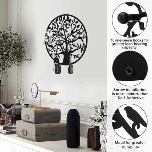 Round Decorative Home Key Holder Wall Mount, Metal Tree Car Key Rack for Wall Organizer for Keys, Wallets, Hats, Used for Decor for House Entryway, Kitchen, Garage, Office (8" Black) - color: 8" Black