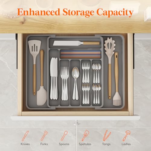 Lifewit Utensil Organizer for Kitchen Drawer, Expandable Cooking Silverware Tray, Adjustable Cutlery Flatware Holder, Plastic Spatula Tools Storage Divider, 11.8-19.6 x 15", Gray - color: Gray, size: L (11.8-19.6"W × 15"D )