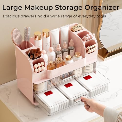Makeup Organizer for Vanity with 2 Large Drawers, Cosmetic Display Case with Brush Holders, Easy to Storage for Bathroom Countertop Skincare, Perfume, Pink - color: Pink