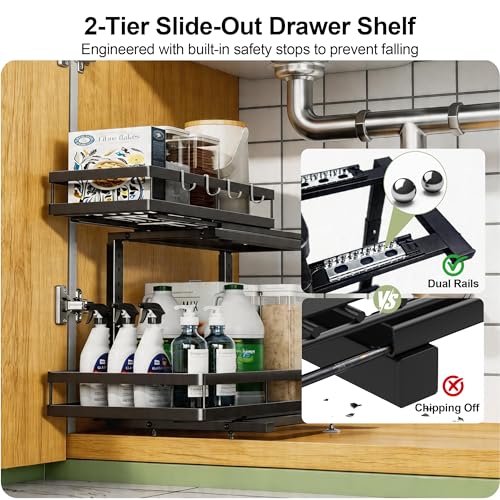 2 Pack Under Sink Organizers and Storage, Heavy Duty Metal Pull Out Cabinet Organizer with Ball-Bearing Slides, Height Adjustable L-Shaped Shelf for Kitchen & Bathroom (2-Pack) - size: Double Layer
