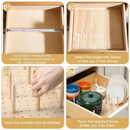 4 Pcs Pegboard Drawer Organizer with 48 Pegs, 20.98x5.91 Inch Wooden Peg Board Kitchen Plate Organizer for Drawer Pegboard Storage Rack with Adjustable Peg for Tableware, Plate, Bowl, Cookware