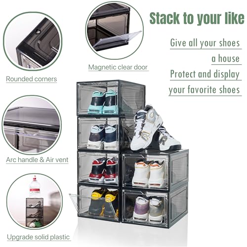 ZLLZUU Shoe Organizer Shoe Storage Boxes, 6 Pack Large Drop Front Shoe Boxes with Magnetic Door, Clear Plastic Stackable Shoe Containers (Black) - color: Black, size: Large-6Pack