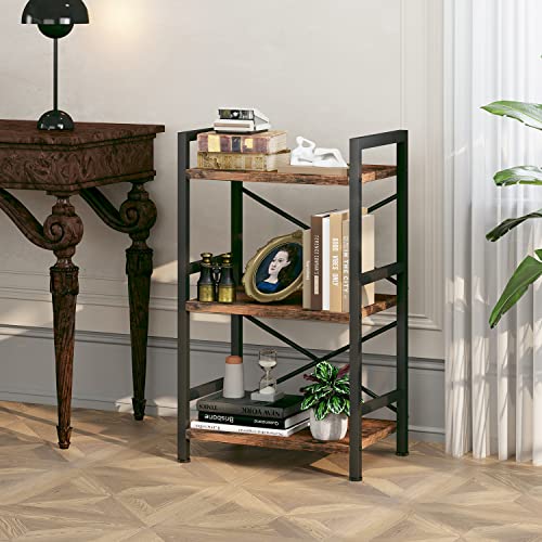 Homeiju Bookshelf, 3 Tier Industrial Bookcase, Metal Small Bookcase, Rustic Etagere Book Shelf Storage Organizer for Living Room, Bedroom, and Home Office(Rustic Brown) Patent Pending D29873033 - color: Rustic, size: 3 Tier