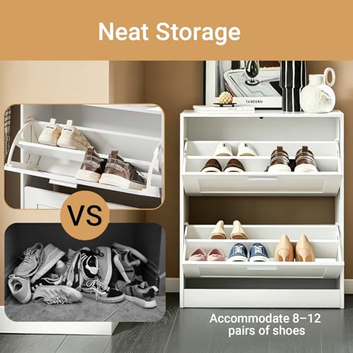 Haotian Shoe Cabinet Storage for Entryway, Narrow Shoe Cabinet with Two Flip Drawers to Save Space, Shoe Rack Cabinet for Front Door Entrance Hallway (White) - color: White, size: 2-Drawers