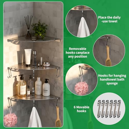 3 Pack Corner Shower Shelves, 304 Stainless Steel Corner Shelf Bathroom with 6 Hooks 40 lbs Heavy Duty, Durable for Inside Shower Brushed Nickel Drilling Installation（Silver - color: Silver Thickness 1mm 3pcs