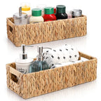 Eorbow 2 Pack Wicker Storage Baskets, Water Hyacinth Holder for Toilet Paper, Rectangular Natural Bins with Built-in Handles, Handwoven Organizer for Bathroom Kitchen Pantry Tank Top, 2 Sizes