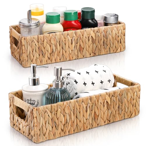 Eorbow 2 Pack Wicker Storage Baskets, Water Hyacinth Holder for Toilet Paper, Rectangular Natural Bins with Built-in Handles, Handwoven Organizer for Bathroom Kitchen Pantry Tank Top, 2 Sizes