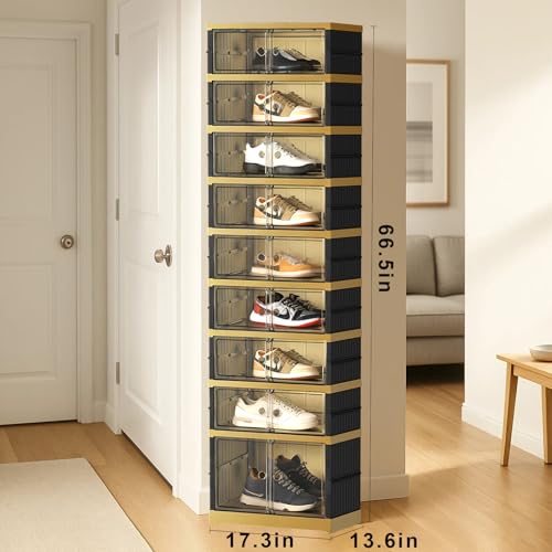 SYNCVIBE Shoe Rack Organizer for Closet Entryway Foldable Sneaker Storage Shoe, Collapsible Shoe Cabinet, Stackable Shoe Storage Cabinet with Lids for Living Room (9 Tiers -18 Pairs Black Gold) - size: 9 Tiers -18 Pairs Black Gold