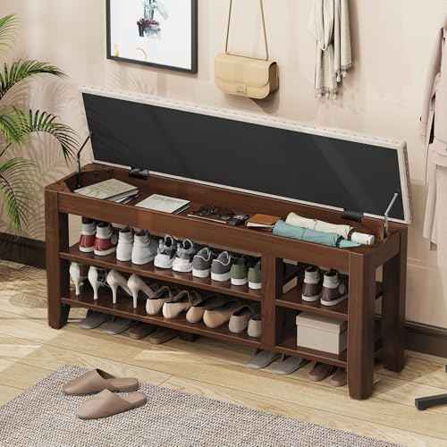 Shoe Bench for Entryway, Solid Rubberwood Shoe Bench with Hidden Storage, Adjustable 2-Tier Shelves & Soft PU Leather Seat, Shoe Rack Durable Easy Assembly for Hallway or Bedroom - Beige, 47.2" - color: Beige, size: 47.28"W x 11.82"D x 20.47"H