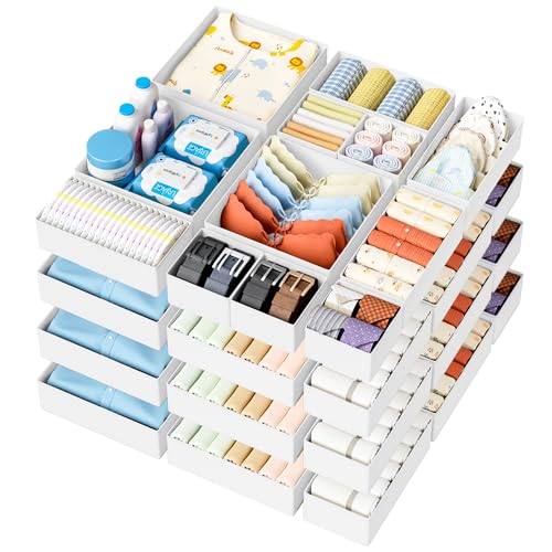 DIMJ Drawer Organizer Clothes 20 Pack - Foldable Baby Organizers and Storage & Dresser Organizer for Bedroom, Closet - Nursery Organization Dresser Dividers for underwear, Sock,Bra, Belt, Tie, White - color: White, size: 20 Pack