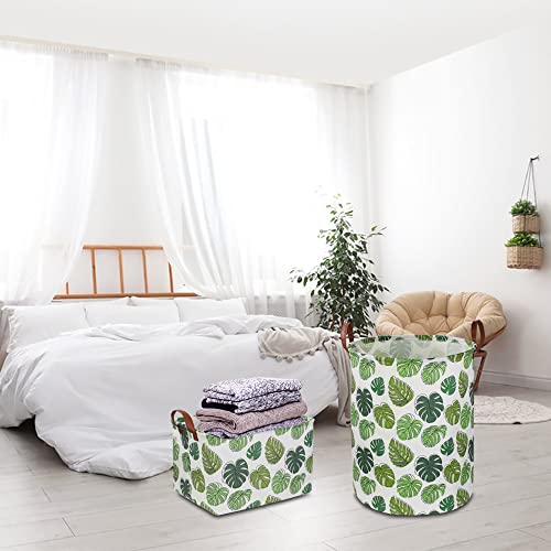 NTAOHAMPER Round Green Laundry Hamper, Jungle Themed Nursery Decor, Tropical Pattern Basket, Monstera Room Decor,Waterproof Storage Bin, Gift Basket(Leaf) - color: Leaf