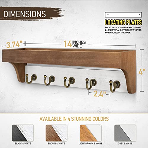 Rebee Vision Key Holder for Wall with Shelf - Farmhouse 2-Color Key Rack with 5 Retro Keys Hooks and Primitive Wood Mail Organizer Wall Mount - Decorative Rustic Home Decor (Brown & White) - color: Brown&White