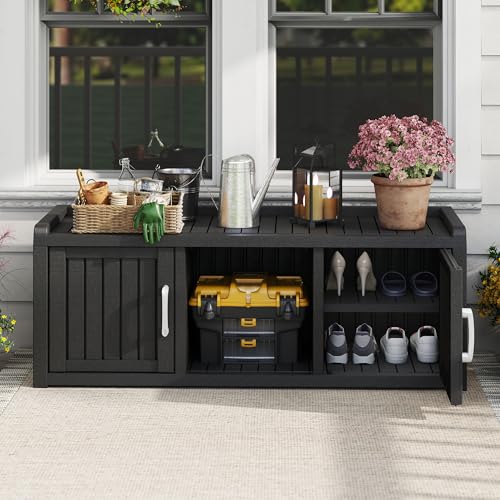 KAMABOKO Shoe Storage Cabinet Waterproof UV-Resistant, Entryway Storage Bench Indoor Outdoor with 2 Doors, Adjustable Shelves for Entryway, Bedroom, Hallway,Living Room(Black) - color: Black, size: 2 Door