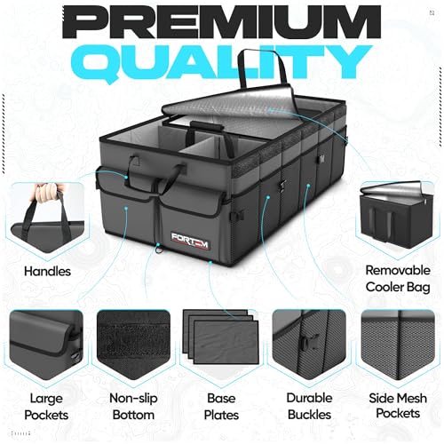 FORTEM Trunk Organizer with Cooler For SUV Car Trunk, Foldable Storage, Car Accessories for Women Men, Collapsible Bag, Perfect Christmas Gifts, 600D Oxford, Non Slip Bottom, Straps, Soft Cover (105L) - color: Grey, size: XXL (105L)