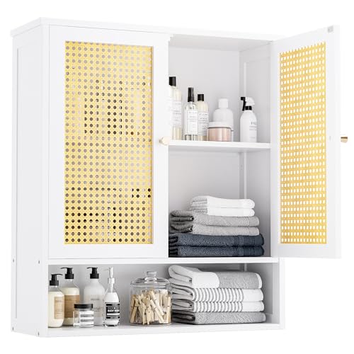Bathroom Wall Cabinet, Bamboo Over-The-Toilet Storage Organizer with 2 Rattan Doors and Adjustable Shelf, Space Saver Medicine Cabinet for Laundry, Kitchen, Living Room (White) - color: White