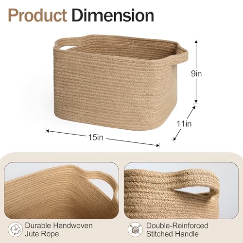MEGASKET Wicker Basket for Storage, 15"x11"x9" Woven Basket with Handle, Rectangular Cute Storage Bin for Books, Shoes, Clothes, Towels, Decorative Gift Bin Empty, Stuffed Animal Organizer, Home Decor - color: Jute