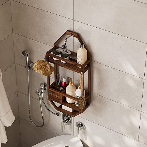 TeakCraft Teak Shower Caddy, Patented Shower Organizer For Bathroom, Non Slip, Indoor and Outdoor, Hanging Organizer, Showerhead, 3 Shelf, The Thoren
