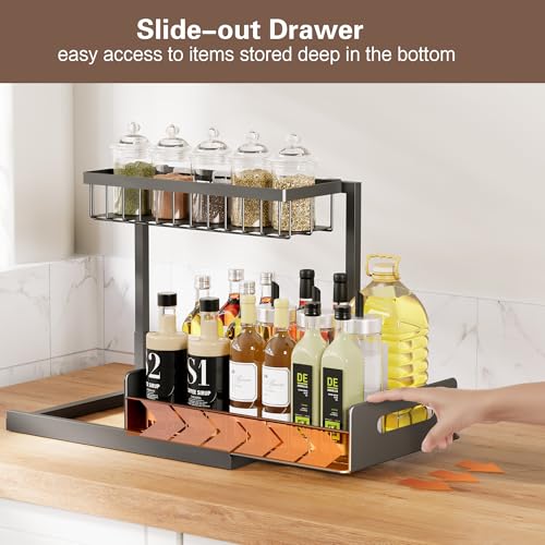 VUSIGN Under Kitchen Sink Organizer, 2 Tier Metal Slide out Sink Shelf Pull out Cabinet Organizer Drawers for Bathroom Kitchen Laundry, 2 Pack, Black - color: Black-2PCS