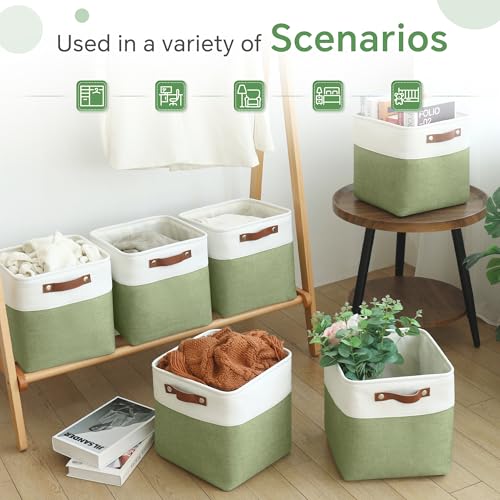 FinishingBo Cube Storage Baskets 6 Pack, 11x11 inch Cube Storage Bins with Leather Handles for Shelf Closet (White/ Green) - color: White/ Green
