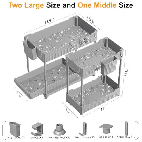 Sevenblue 3 Pack Under Sink Organizers, 2-Tier Multi-Use Kitchen and Bathroom Organizers and Storage with Sliding Drawers, Bathroom Cabinet Organizer (Gray, 12.8 Inch) - color: Gray, size: 12.8 Inch