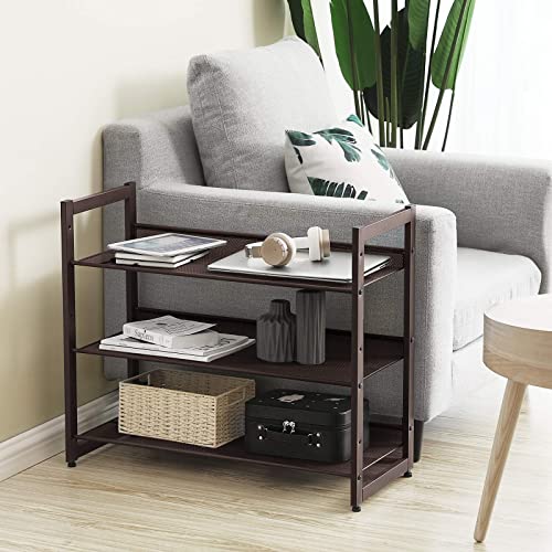 SONGMICS Shoe Rack, 3-Tier Shoe Organizer, Metal Shoe Storage for Garage, Stackable Shoe Shelf, with Adjustable Flat or Angled Shelves, 9-12 Pairs, Bronze ULMR03A - color: Bronze, size: 3 Tiers (29.1''W)
