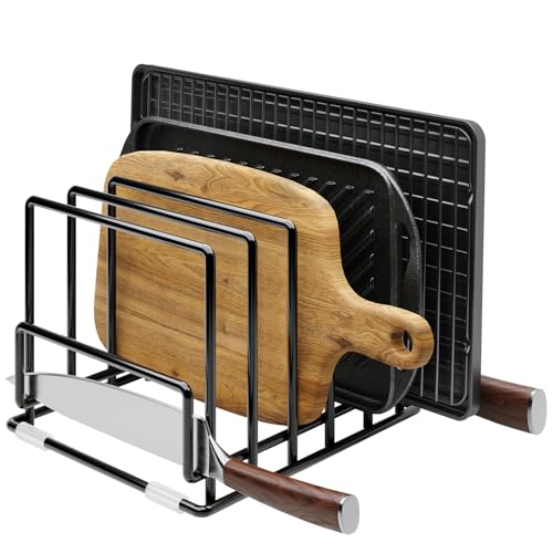Cutting Board Organizer Rack with 7 Compartments, Heavy-Duty Iron Pan and Baking Sheet Organizer, Kitchen Cabinet Storage Rack with Non-Slip Base, Space-Saving Pot Lid Holder for Countertop & Pantry - color: 1 Pack - Black