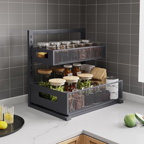 Petiza Under Sink Organizer Pull Out Cabinet Organizer Adjustable Height 2 Tier with Sliding Drawers Kitchen Bathroom Organizer and Storage(Gray-1pc) - color: Gray, size: Extra Large-1 pack