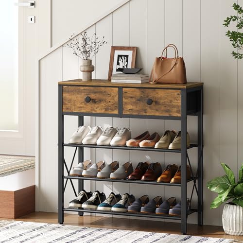 YATINEY 4 Tier Shoe Rack, Large Capacity Shoe Storage Organizer, Metal Shoe Shelf with Drawer and Wooden Top, for 16 Pairs of Shoes, for Entryway, Closet, Rustic Brown and Black SS24BR - color: Rustic Brown + Black, size: 27.7" x 10.8" x 29.6"